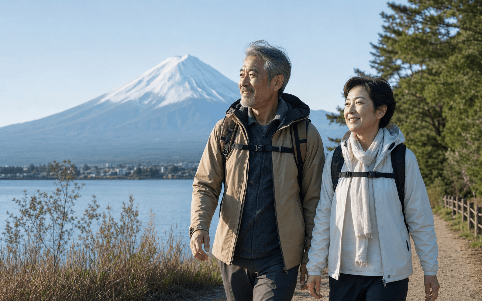 Healthy older couple walking near Mount Fuji